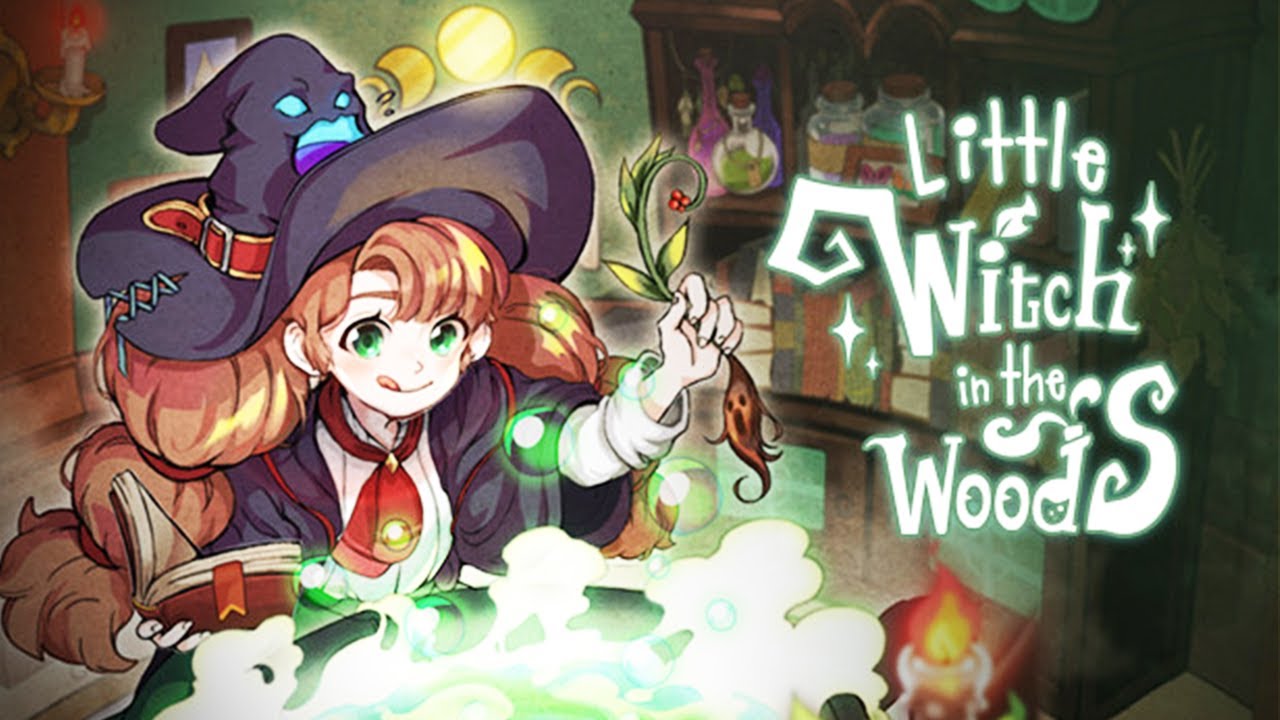 the promotional art for Little Witch in the Woods. Ellie the witch adds a tuft of fur to a bright, glowing potion, sticking her tongue out with a smile. behind her there are shelves lined with books and potions. to the right is the game title